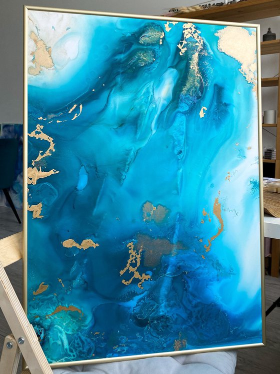 Ocean Blue Gold Fluid Painting