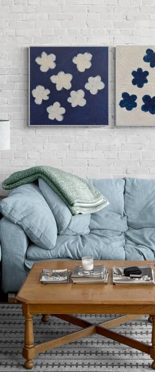 Diptych Blue and White Abstract by Sasha Robinson