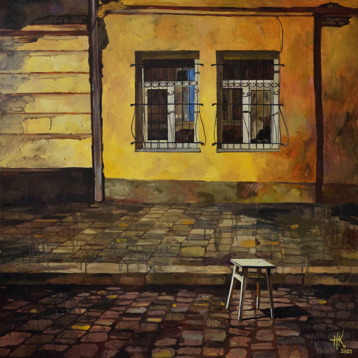 Expressive Cityscapes Oil Painting By Zhanna Kondratenko, 35 X 35", Stool. Under The Street Lights, Original Artwork