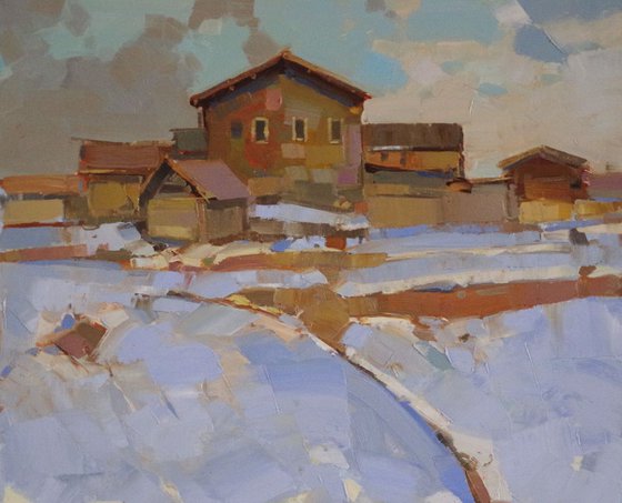 Village -Winter Time, Landscape oil painting, One of a kind, Signed, Hand Painted