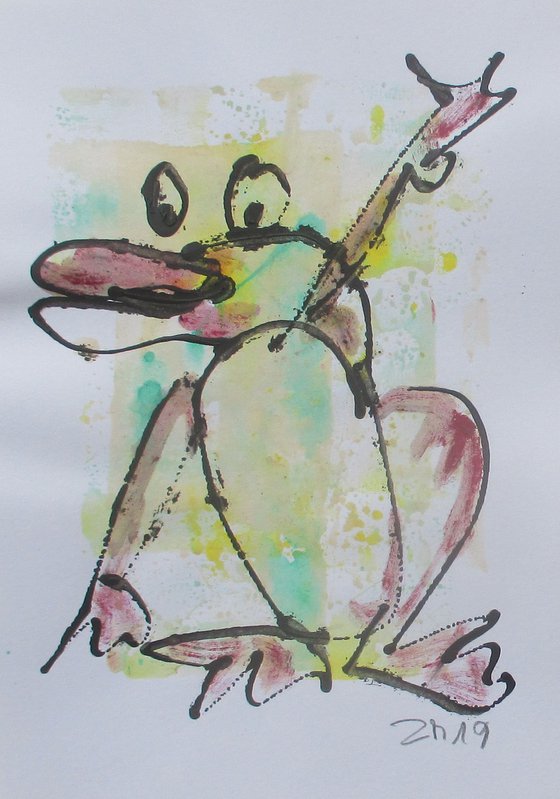 2 funny frogs  8,2 x 5,9 inch unique mixedmedia drawing