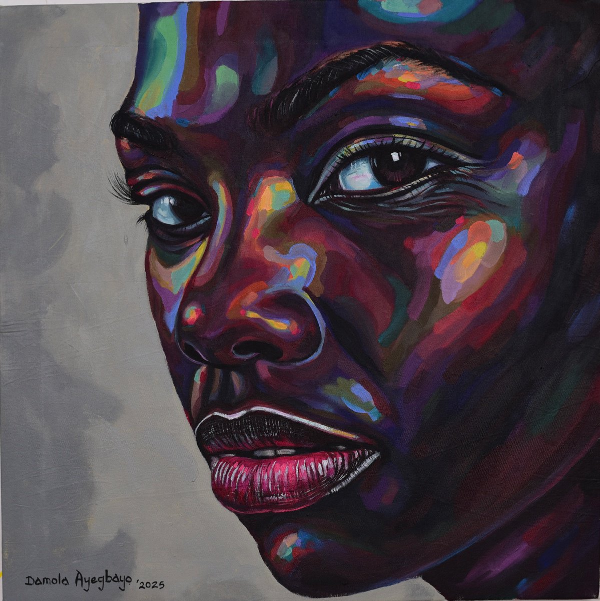 Expressive Portrait Acrylic Painting By Damola Ayegbayo, 30 X 30, Curiosity, Original Artwork