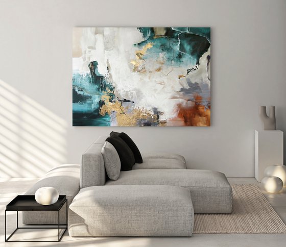 "Teal Flash" Teal gold acrylic abstract art