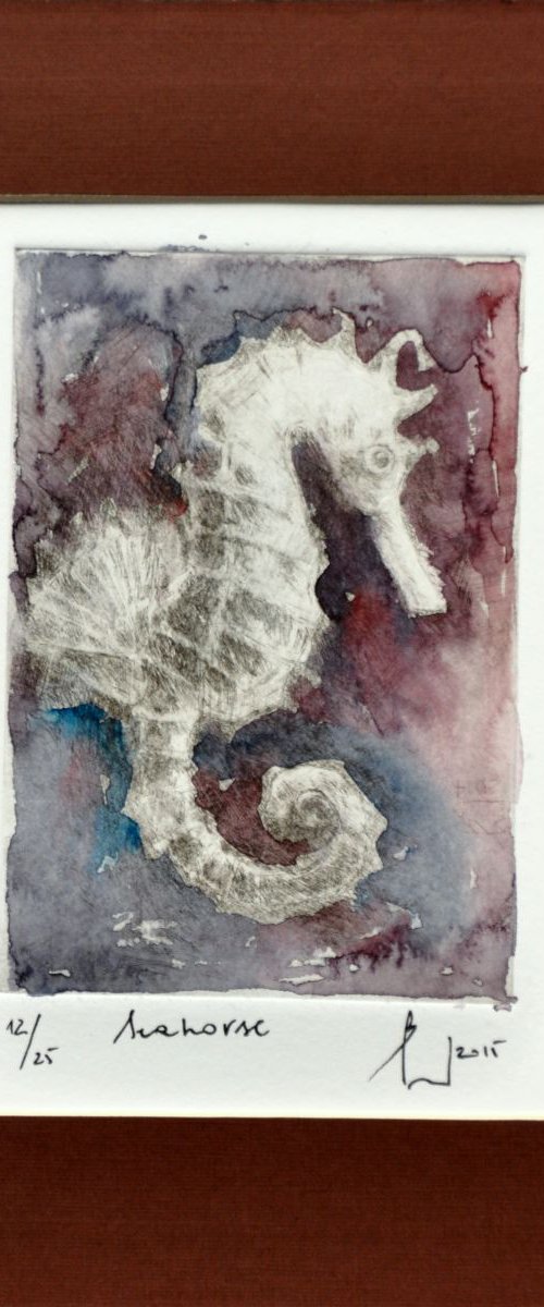 SEAHORSE etching and finishing touch of watercolor by Beata van Wijngaarden