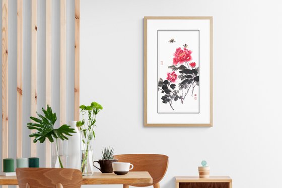 Peony and butterflies - Oriental Chinese Ink Painting