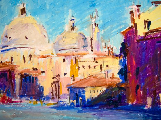 Venice in a morning light. Dreams about Italy series. Oil pastel painting. Original venice italy old town tower urban street landscape interior decor small canal blue sea
