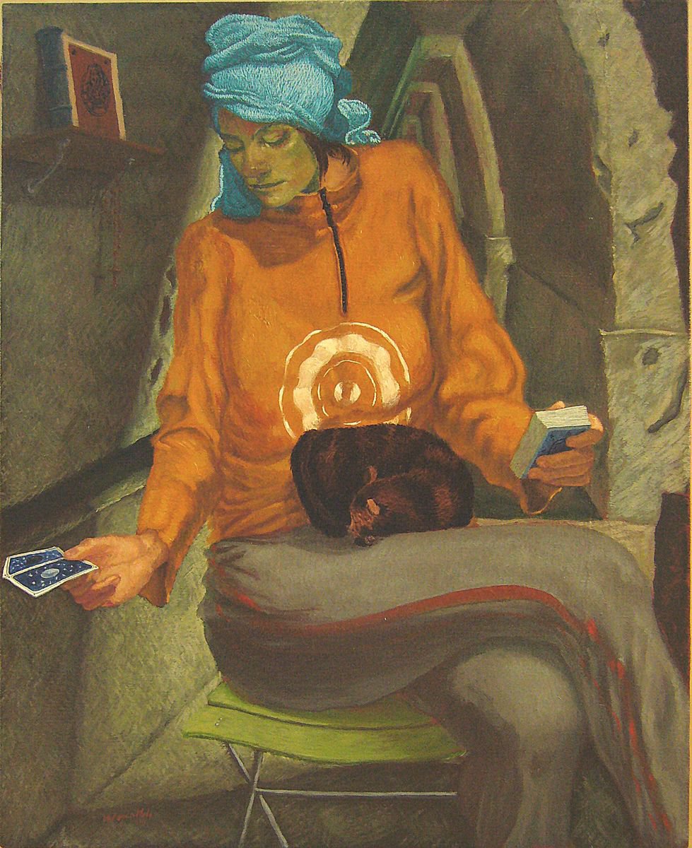 Portrait Oil Painting By Antonio Mele, 34 X 42, Sibilla Cumana Con Gatto, Original Artwork