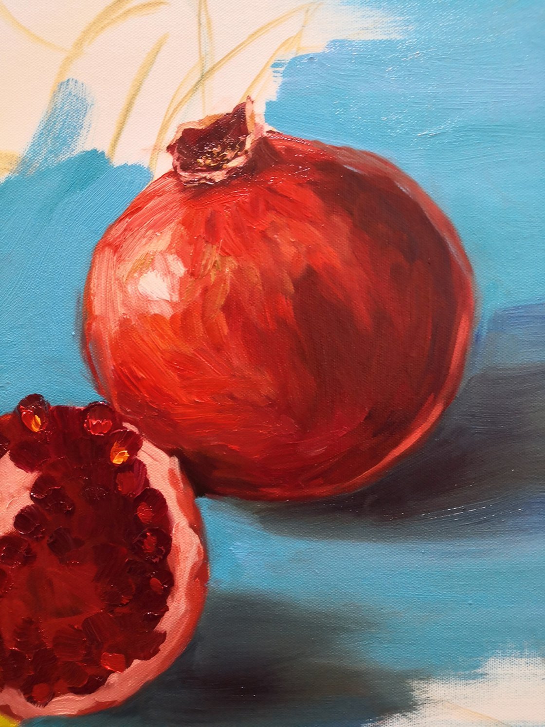 Ripe red pomegranates on turquoise - blue background still life 2 Oil  painting by Jane Lantsman