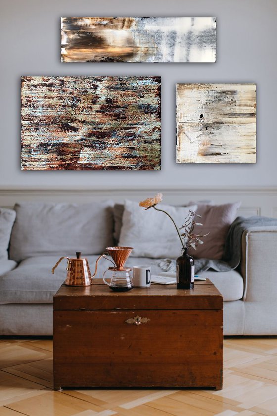 "Burnt And Beautiful" - Save As A Series - Original Large PMS Abstract Triptych Acrylic Paintings On Canvas and Wood - 56" x 35.5"