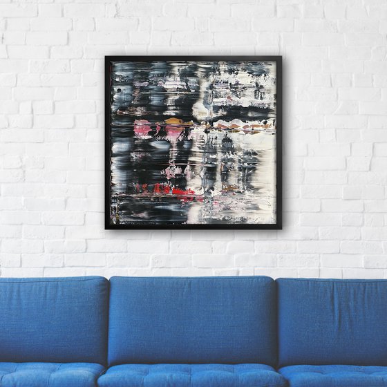 "The Dark Side" - Original PMS Abstract Oil Painting On Plexiglass, Framed - 26" x 26"