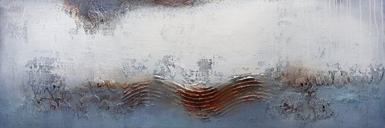 STEEL BLUE - 59" x 19.7" - ABSTRACT PAINTING WITH STRUCTURES - WHITE RUST BLUE