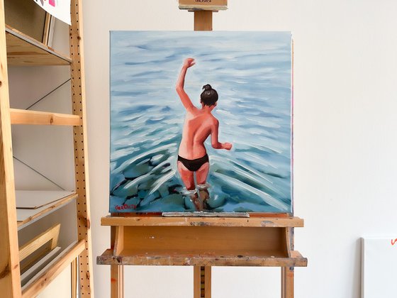 Swimming - Swimmer Woman in Ocean Painting