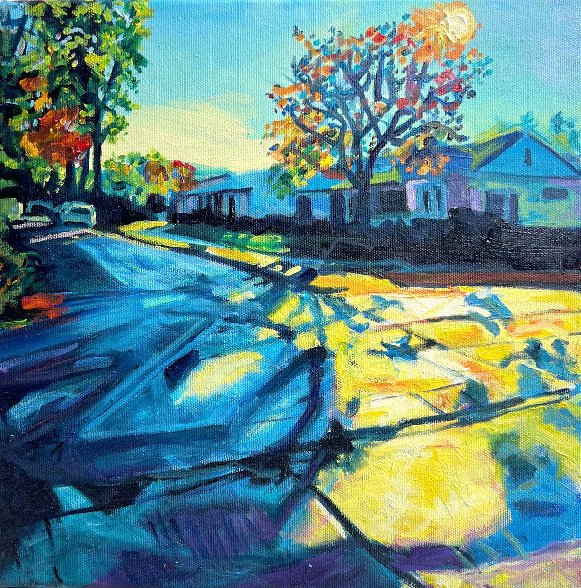 Expressive Cityscapes Oil Painting By Bonnie Lambert, 12 X 12, Shadow Tracks, Original Artwork