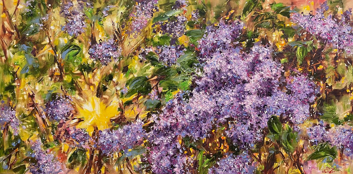 Impressionistic Botanical Oil Painting By Diana Malivani, 47 X 24, Lilac, Original Artwork