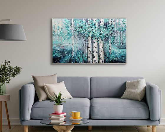 Teal Afternoon - Tree Painting On Canvas, Framed wall art, Teal blue Blomming painting, Heavy Textured art