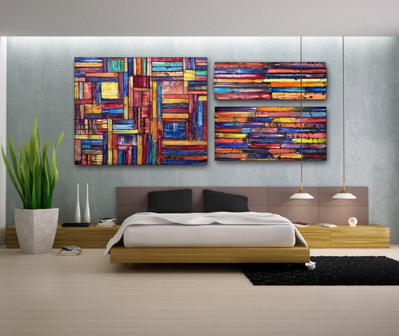 "Building A Fortress" - Original Xt Large PMS Abstract Triptych Oil Paintings On Canvas, Wooden Panels and Wooden Pieces - 108" x 48"