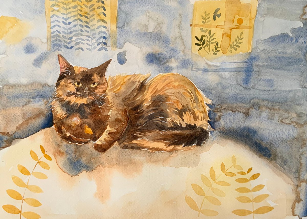 Impressionistic Animal Acrylic Painting By Mary Stubberfield, 15 X 11", Tortoiseshell Cat Interior, Original Artwork