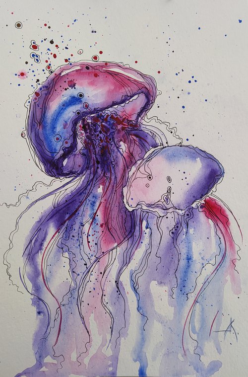 In the ocean -  watercolor painting, jellyfish, jellyfish painting, ocean, sea, animals, life of jellyfish by Anastasia Kozorez