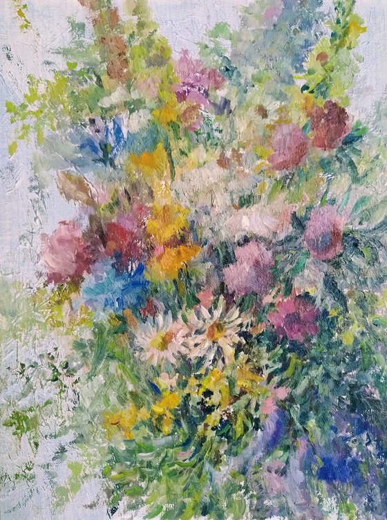 Fields flowers. Original oil painting.
