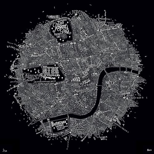 Typographic Street Map Of Central London (Black) by Dex