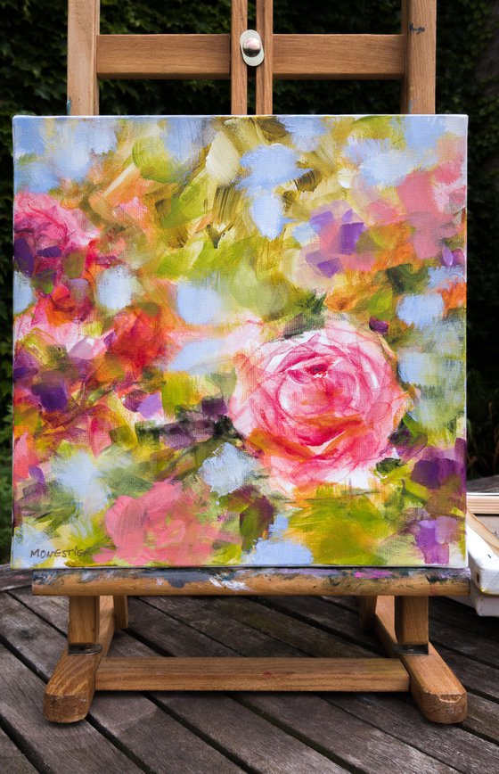 Pop roses - flowers in a garden - impressionistic semi abstract floral painting