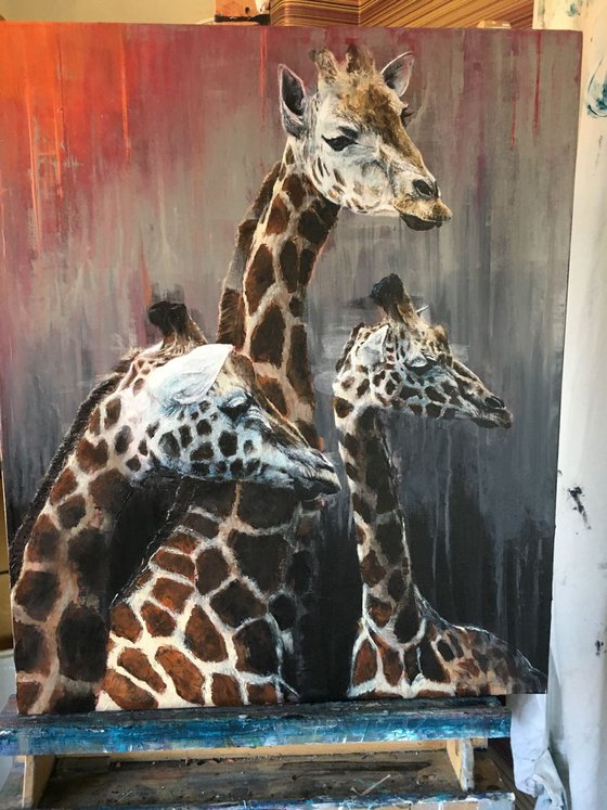 Giraffes in grey, original painting, orange