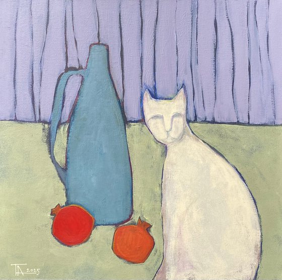 Still life and a white cat.