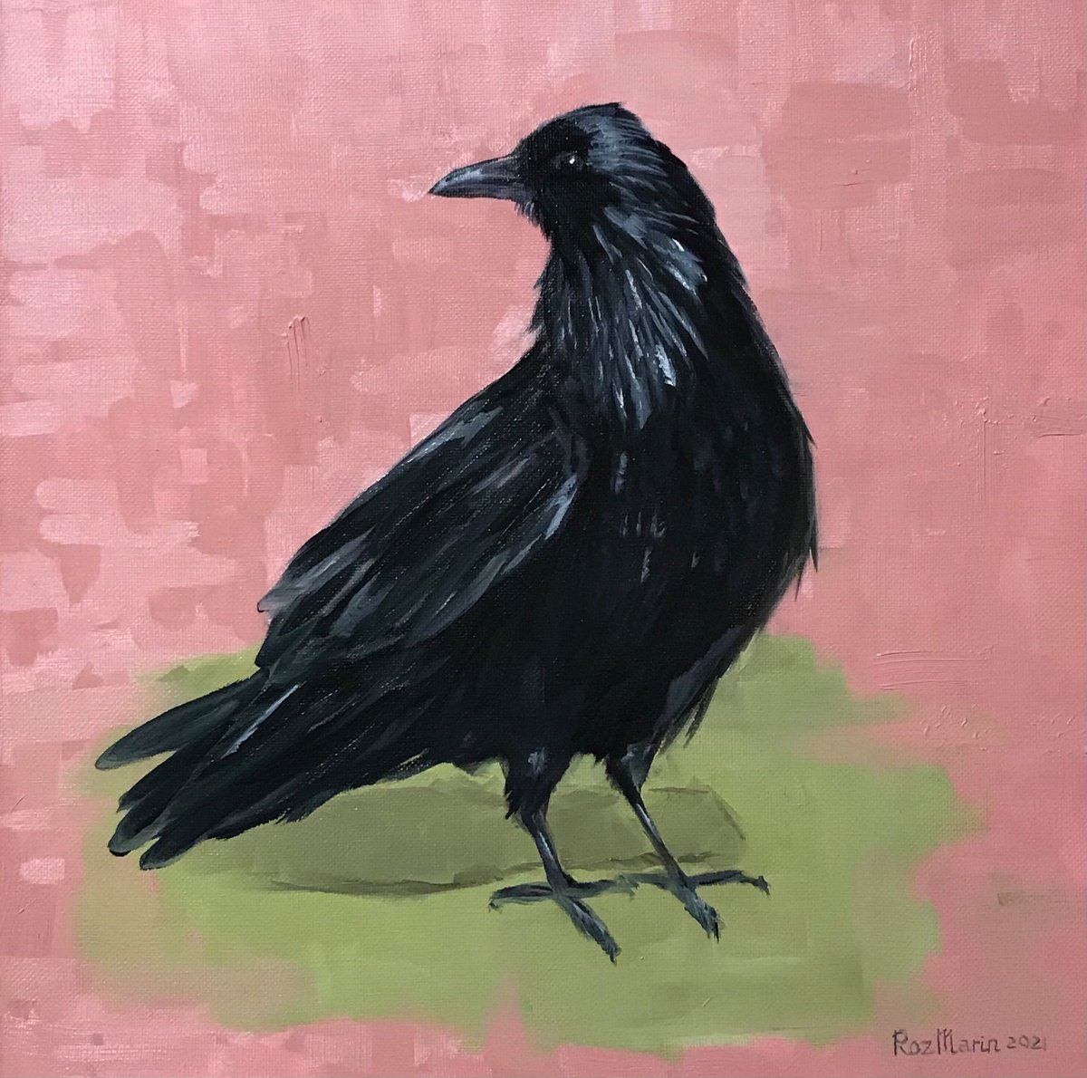 Impressionistic Animal Oil Painting By Marina Deryagina, 20 X 20", Crow On Pink, Original Artwork