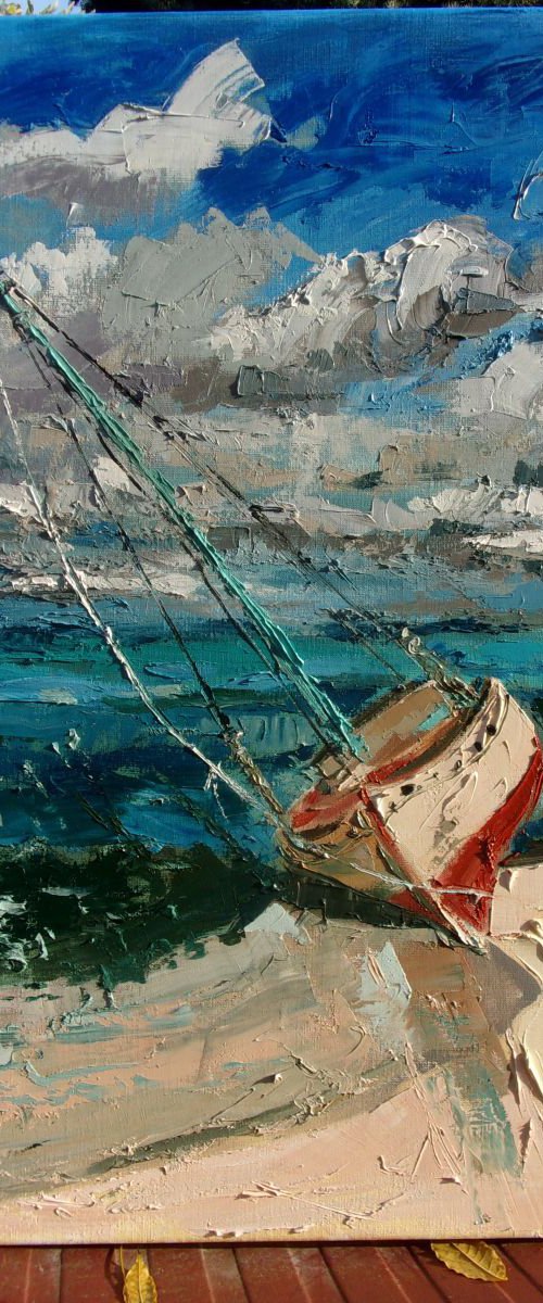 " LONELY...  " SHIP BOAT SAIL original painting palette knife GIFT MODERN URBAN ART OFFICE ART DECOR HOME DECOR GIFT IDEA by Monika Luniak