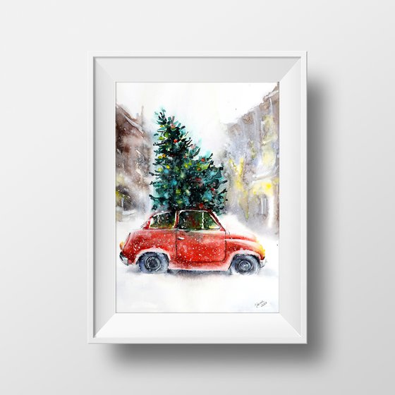 Christmas Art - ORIGINAL Watercolor Painting - Holidays Spirit - Red Retro Car in Snow