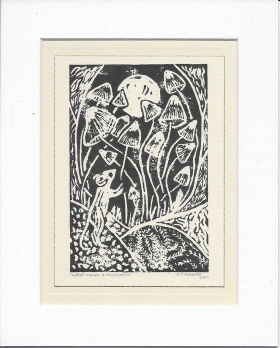 Wood Mouse and Mushrooms - Original Lino Print