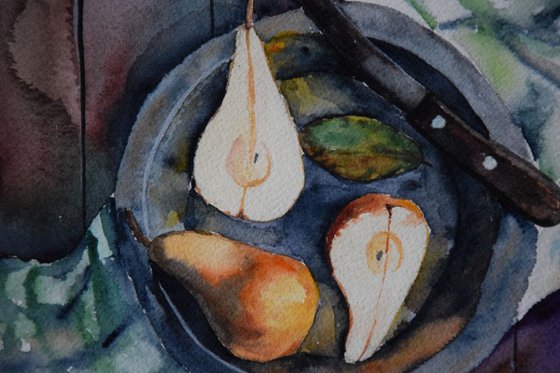 Watercolor painting Still life with pears and knife on a plate