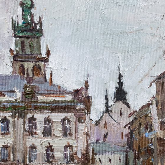 Lviv. Original oil painting evening city of Lviv, Ukraine, landscape painting