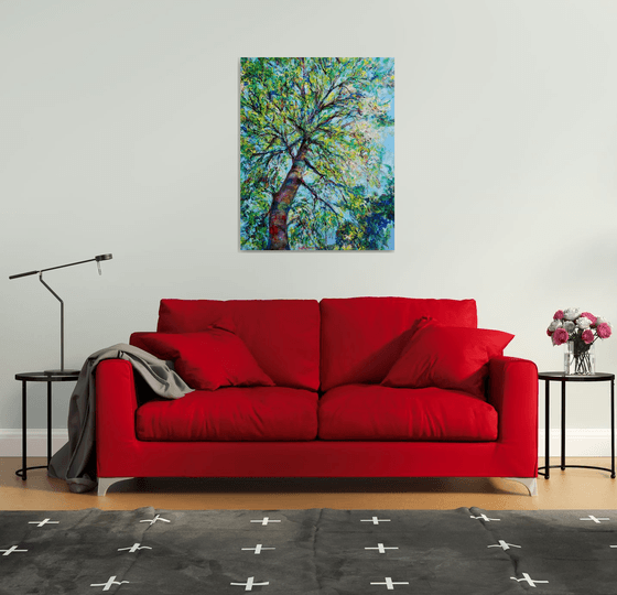 Oversize Tree Painting Extra Large Thick Textured Canvas Colorful Modern Oil Artwork Vertical Abstract Original Art 40 by 32"