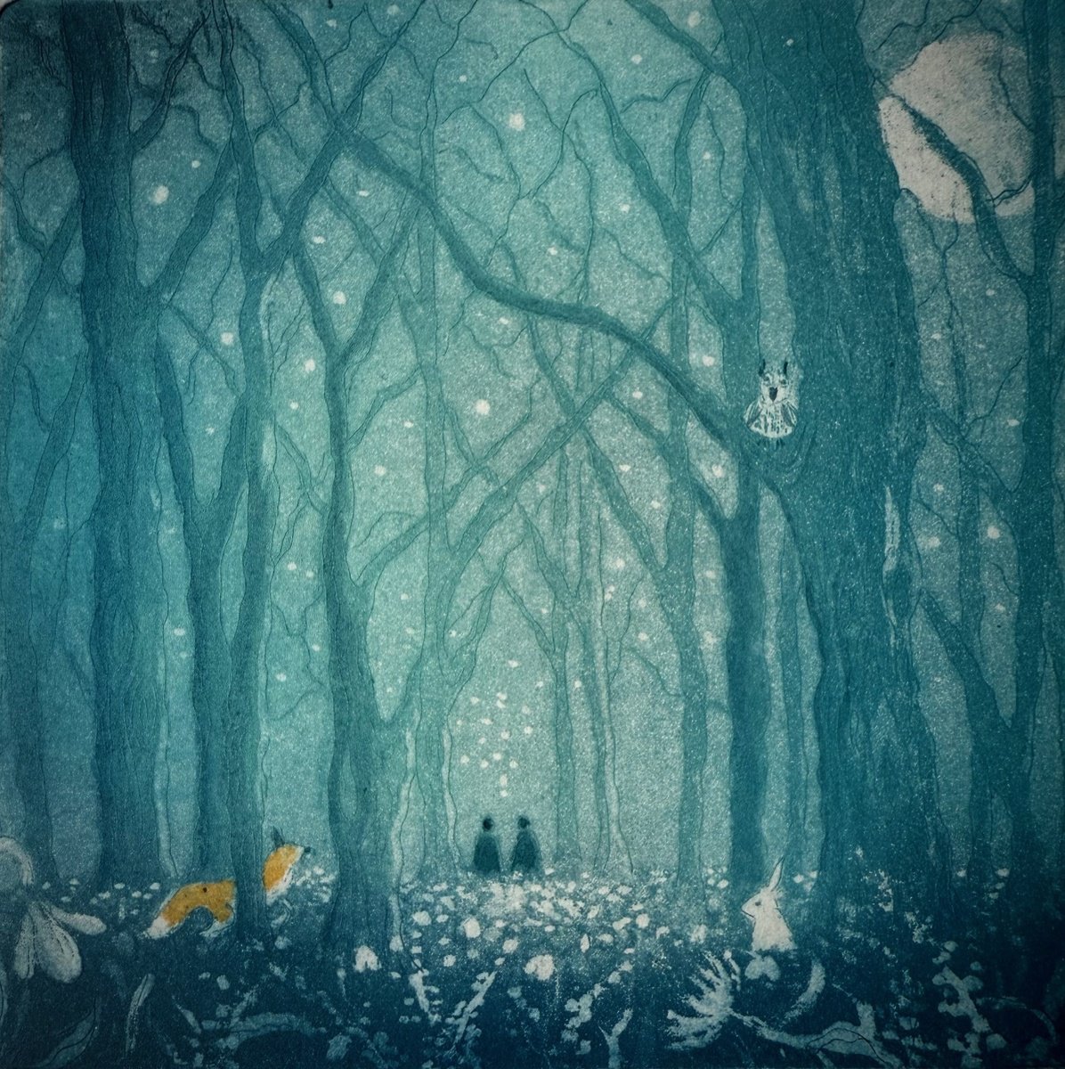 Illustrative Animal Etchings & Engravings By Rebecca Denton, 8 X 8", Moonlit Forest, Original Artwork