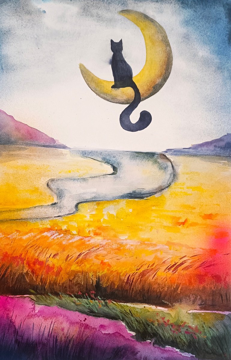 Surrealistic Painting , Moon Cat By Evgenia Smirnova, 15 X 22, Artwork For Sale On Artfinder