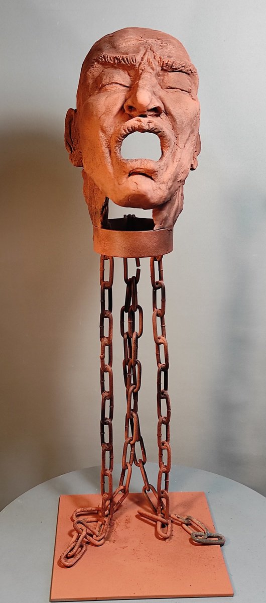 Surrealistic Portrait Clay Sculpture By Elena Kraft, 10 X 29, Voiceless , Original Artwork