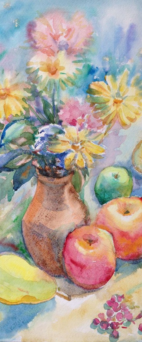 Autumn fruit, Apples, Pears, Flowers, Still life. by Roman Sergienko
