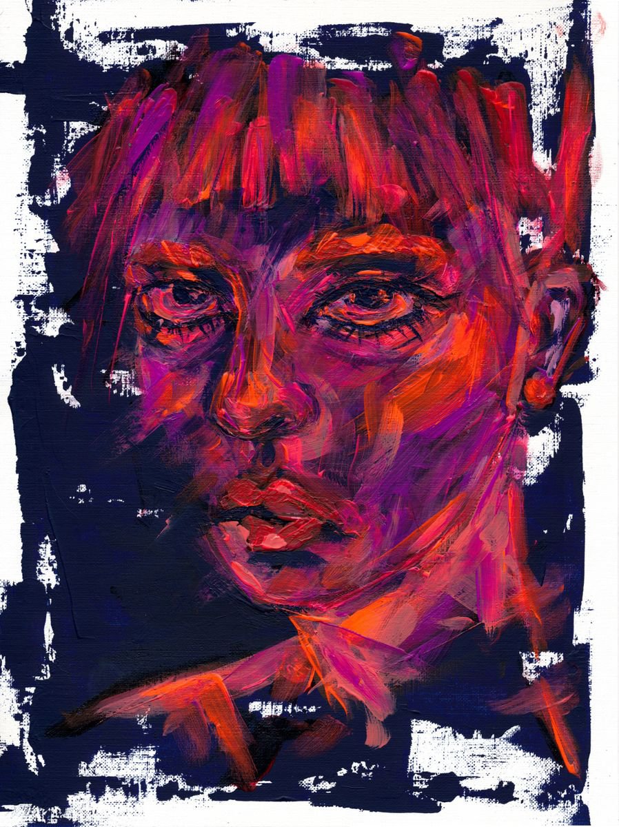 Expressive Portrait Acrylic Painting By Doriana Popa, 9 X 12, Untitled Ii, Original Artwork