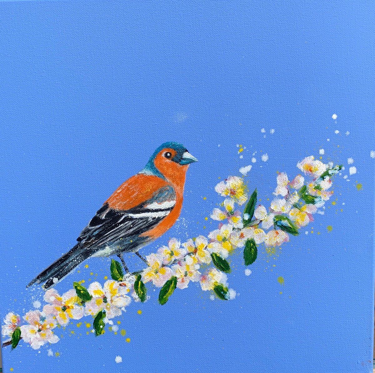 Impressionistic Animal Painting By Laure Bury, 12 X 12", Chaffinch And Blossom, Original Artwork
