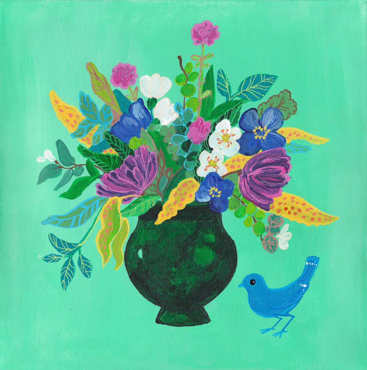 Blue bird Maximalist Modern Matisse-Inspired Original Painting by Alexandra Dobreikin
