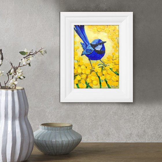 Splendid Fairy Wren and Golden Wattle – framed original painting