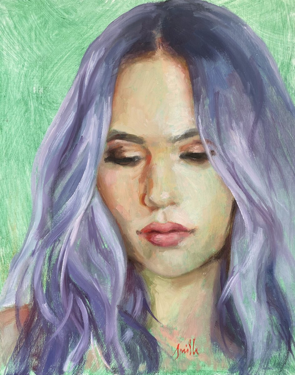 Contemporary portrait of a young woman, purple on green. by Jackie Smith