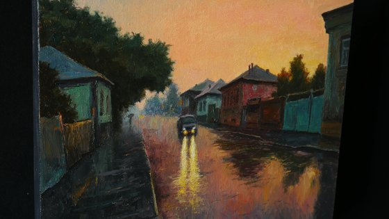 It Is Summer Warm Rain At Sunset - original oil painting