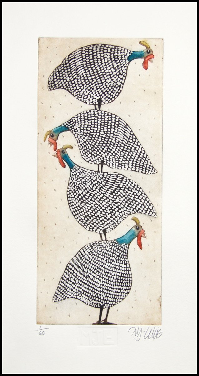 a stack of Guinea Hens, aquatint etching, by Mariann Johansen-Ellis