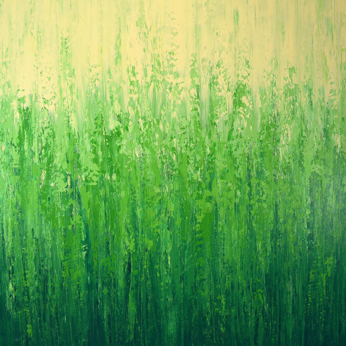 Expressive Abstract Acrylic Painting By Suzanne Vaughan, 40 X 40", Fresh Green Dappled Light, Original Artwork