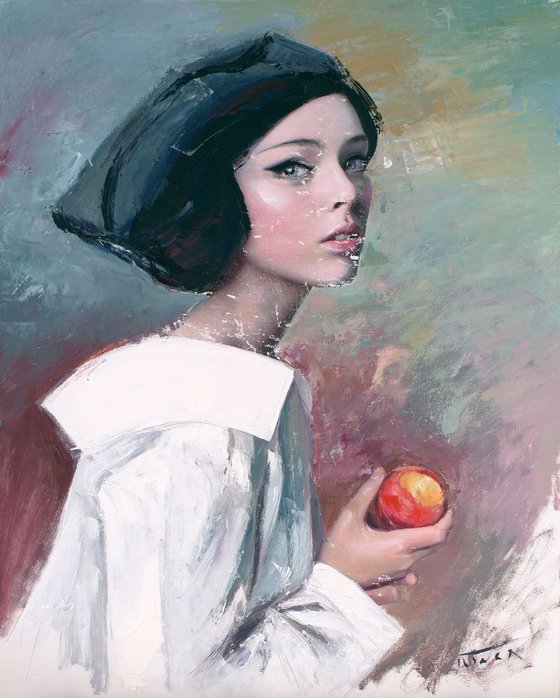 Young woman eating a peach (L'une 91)