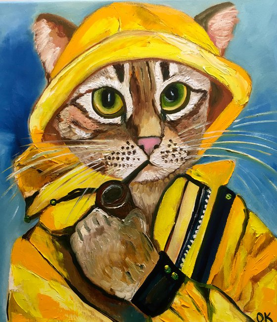 Troy The  Cat, fisherman  oil painting for cat lovers