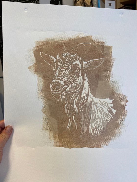 Goat – reduction linocut print