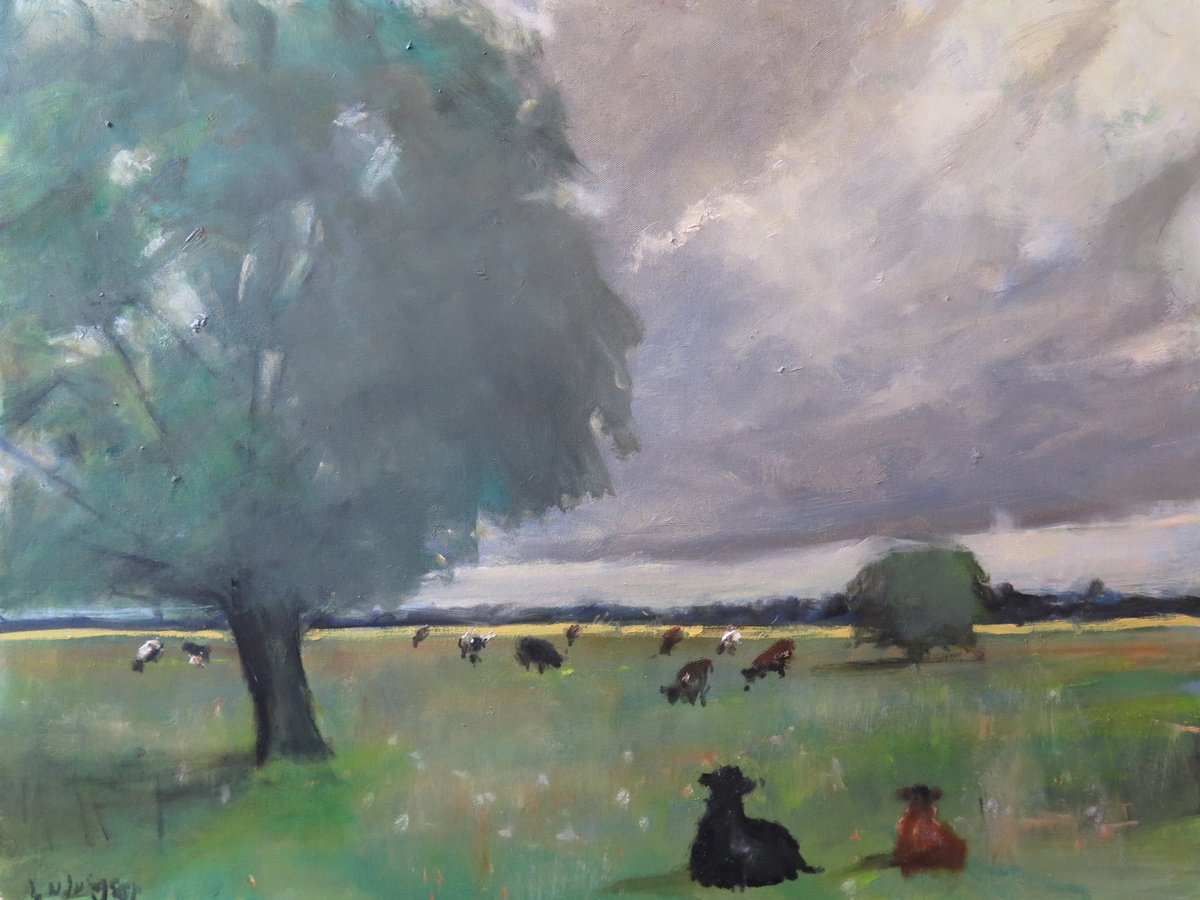 Impressionistic Landscape Oil Painting By Malcolm Ludvigsen, 30 X 24", Cow Meadow, Original Artwork